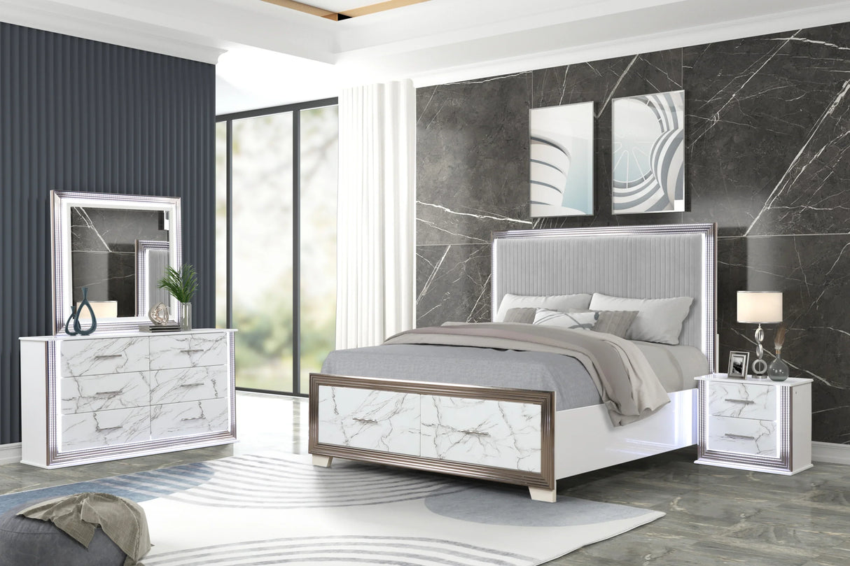 Queen Bed With Marble Pattern Dresser Nightstand White - Furniture Home Direct