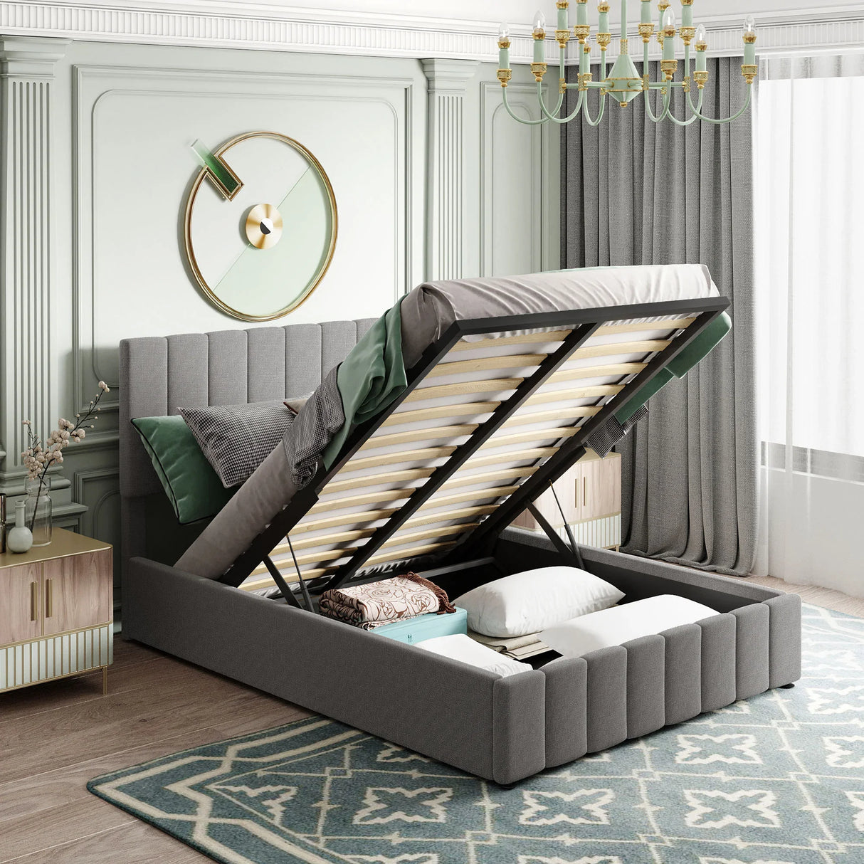 Storage Platform Bed Upholstered Full Size Hydraulic Gray - Furniture Home Direct