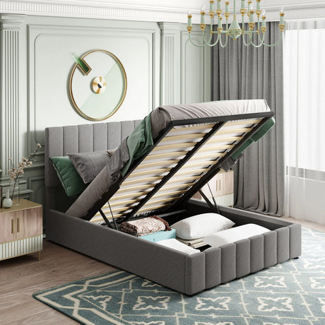 Storage Platform Bed Upholstered Full Size Hydraulic Gray - Furniture Home Direct