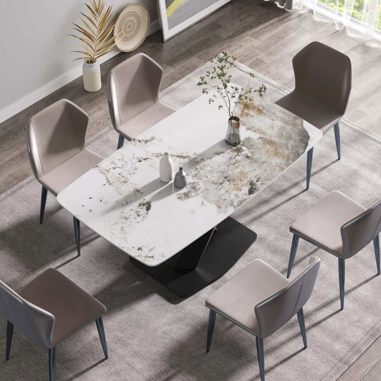 Modern Artificial Stone Pandora White Curved Metal Leg Dining Table, 6 People - Antique White - Furniture Home Direct