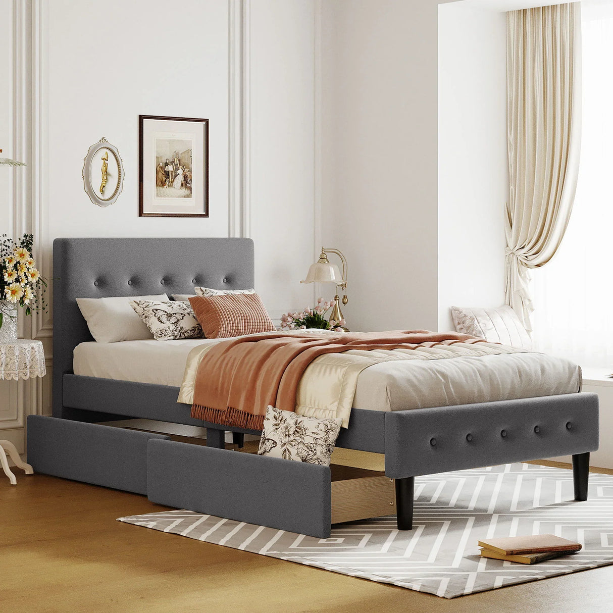 Twin Size Upholstered Platform Bed With 2 Drawers - Gray - Furniture Home Direct