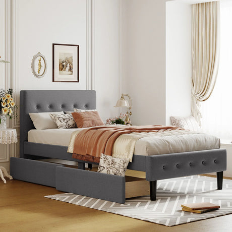 Twin Size Upholstered Platform Bed With 2 Drawers - Gray - Furniture Home Direct
