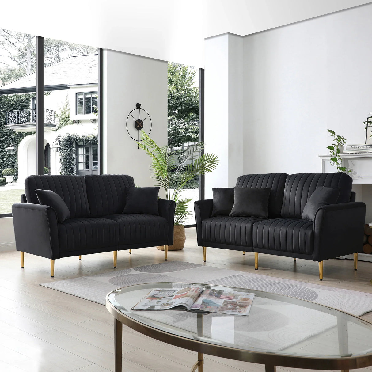 Black Velvet 2 Piece Living Room Set with Metal Legs and pillows - Black - Furniture Home Direct