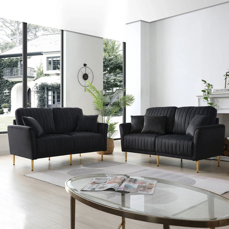 Black Velvet 2 Piece Living Room Set with Metal Legs and pillows - Black - Furniture Home Direct