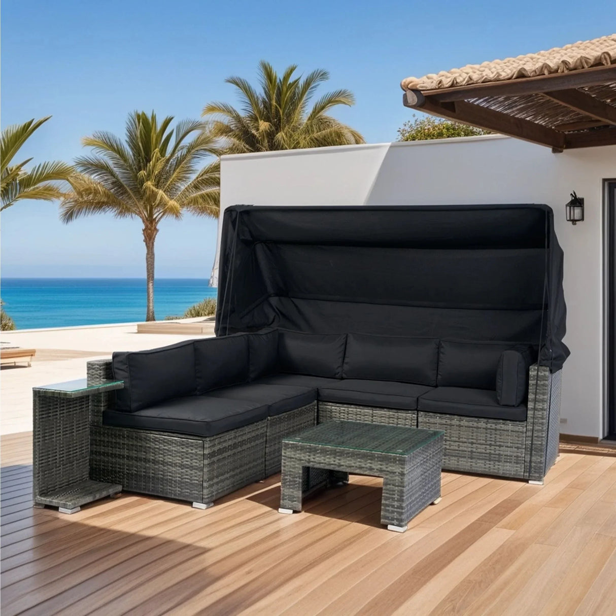 7 Piece Patio Furniture Set With Retractable Canopy Wicker Rattan Sectional Sofa Set Patio Furniture With Washable Cushions For Lawn, Garden, Backyard, Poolside Wicker And Cushion - Gray / Black - Furniture Home Direct