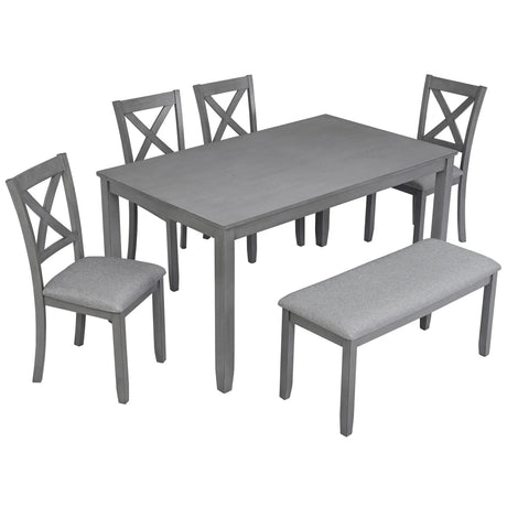 6 Pieces Kitchen Dining Set, Rectangular Wooden Dining Table With 4 Chairs And A Bench - Furniture Home Direct