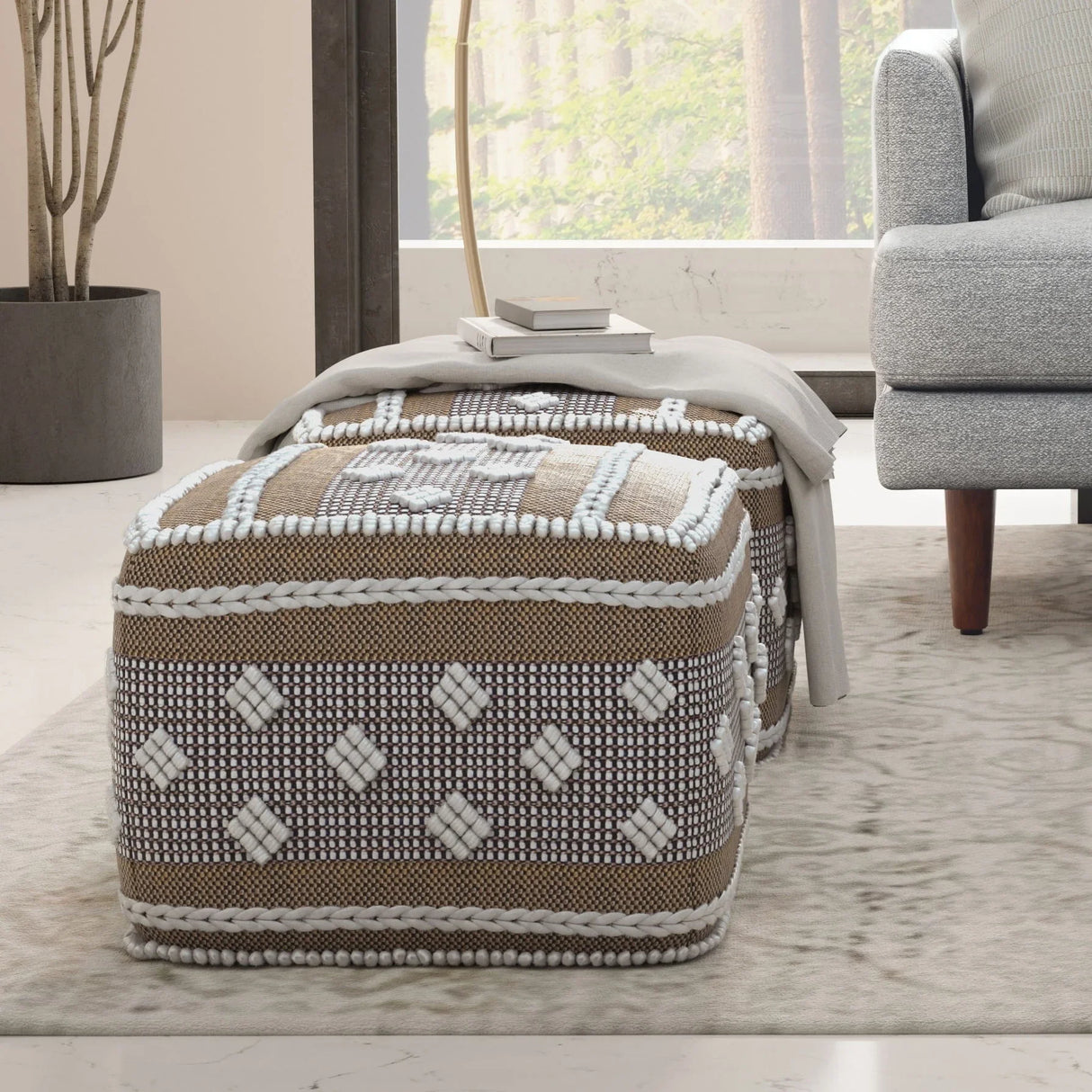 Mapleton - Outdoor / Indoor Pouf - Beige Gray / White - Furniture Home Direct