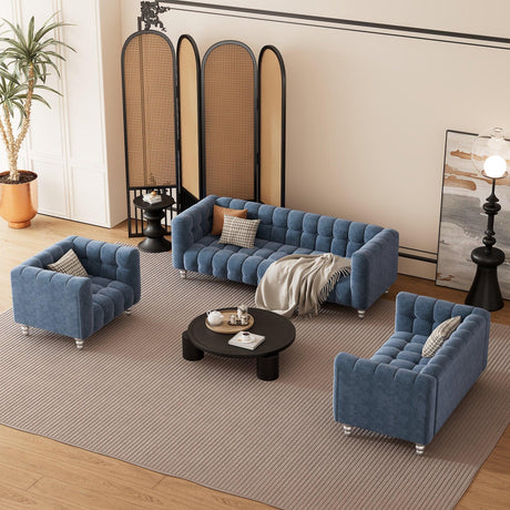 Modern 3-Living Room Set Including Sofa, love seat and Chair with solid wood legs, buttoned tufted backrest - Blue - Furniture Home Direct