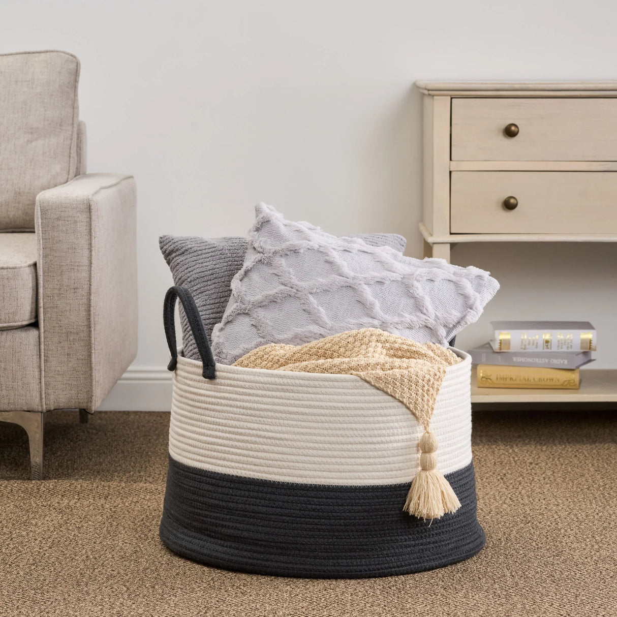 Cotton Round Laundry And Storage Basket With Sturdy Handles - Gray / White - Furniture Home Direct