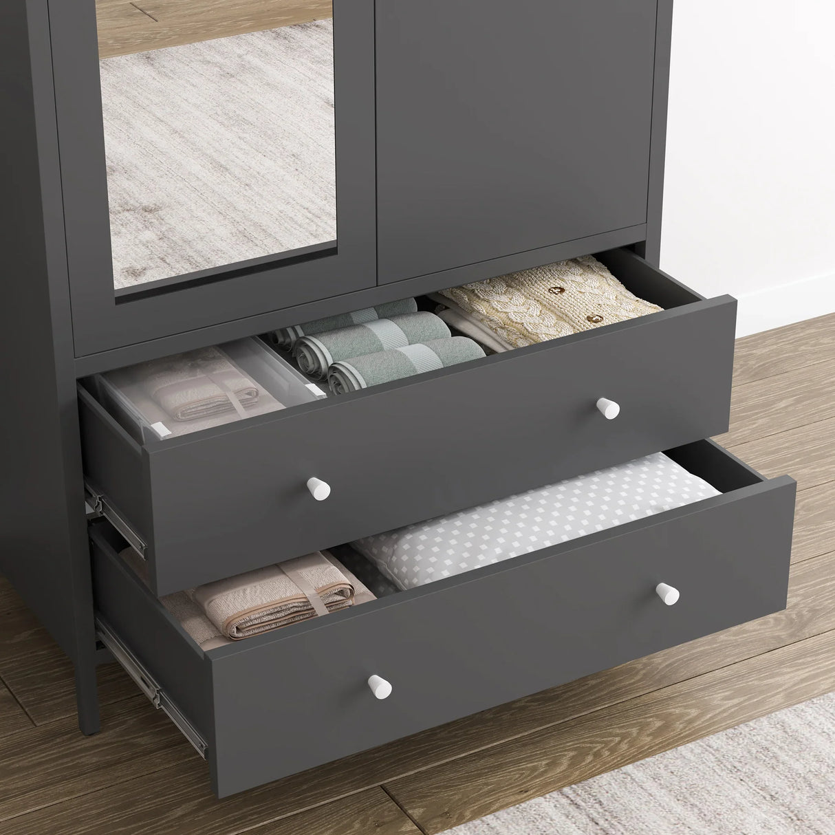 Wardrobe With Mirror Door And Two Drawers Charcoal Gray - Furniture Home Direct
