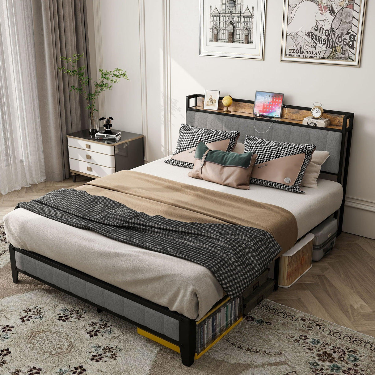 Bed With Charging Station, American Design Upholstered Headboard, Metal Platform - Furniture Home Direct