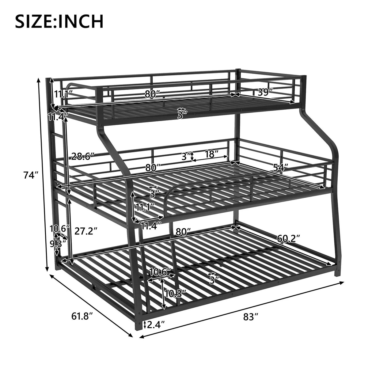 Twin Long / Full Long / Queen Triple Bunk Bed With Long And Short Ladder And Full-Length Guardrails - Black - Furniture Home Direct