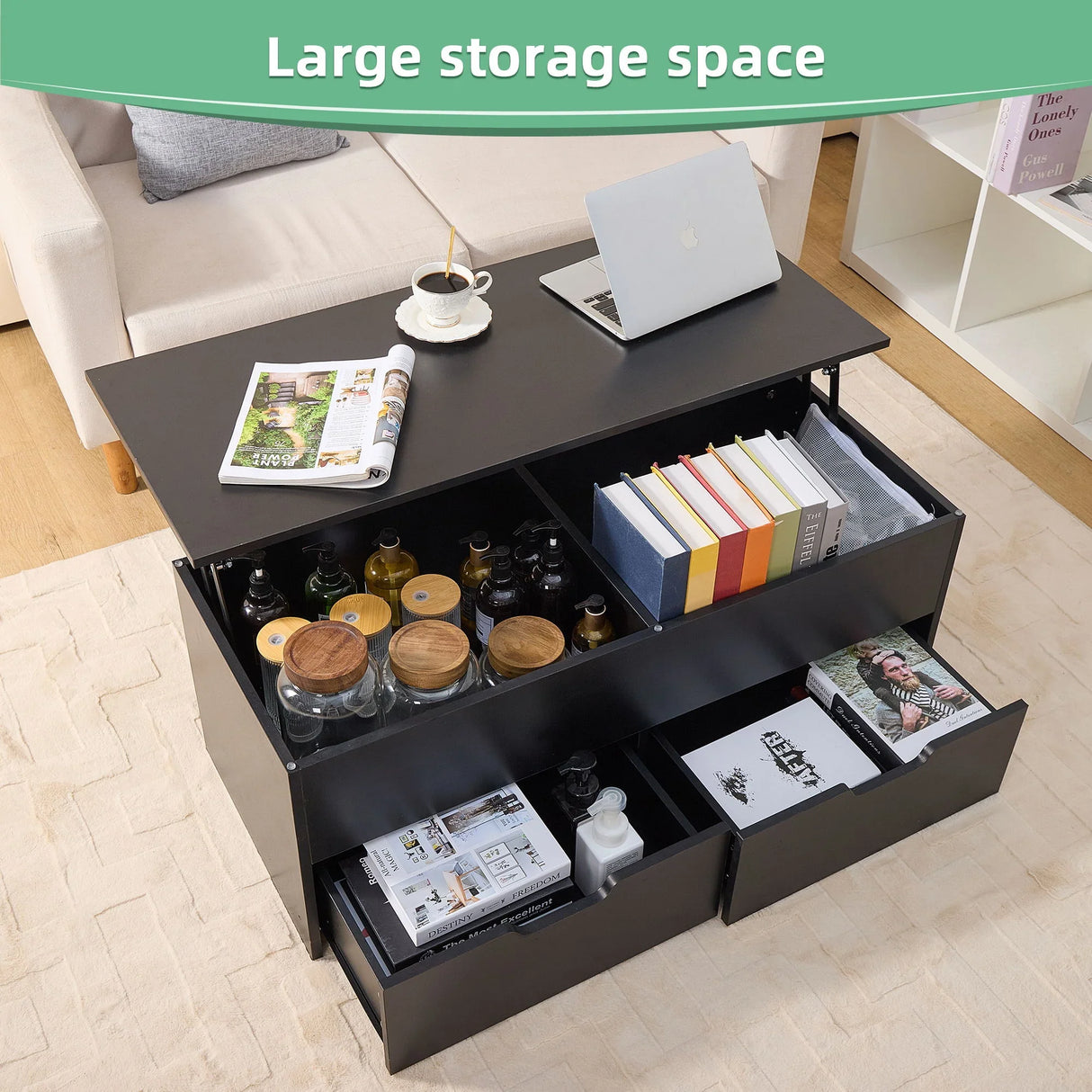 Lift-Top Coffee Table With Storage Center Tables Hidden Compartment & 2 Drawers, Sofa Table For Living Room - Black - Furniture Home Direct
