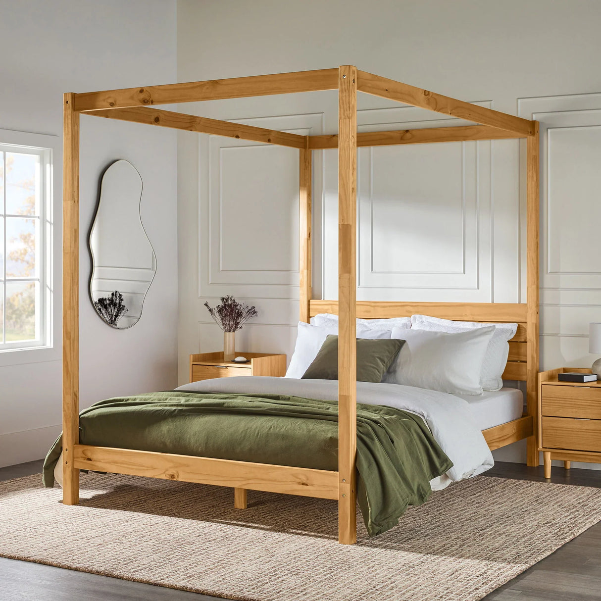 Queen Canopy Bed Frame Modern Minimalist Boho - Natural Pine - Furniture Home Direct