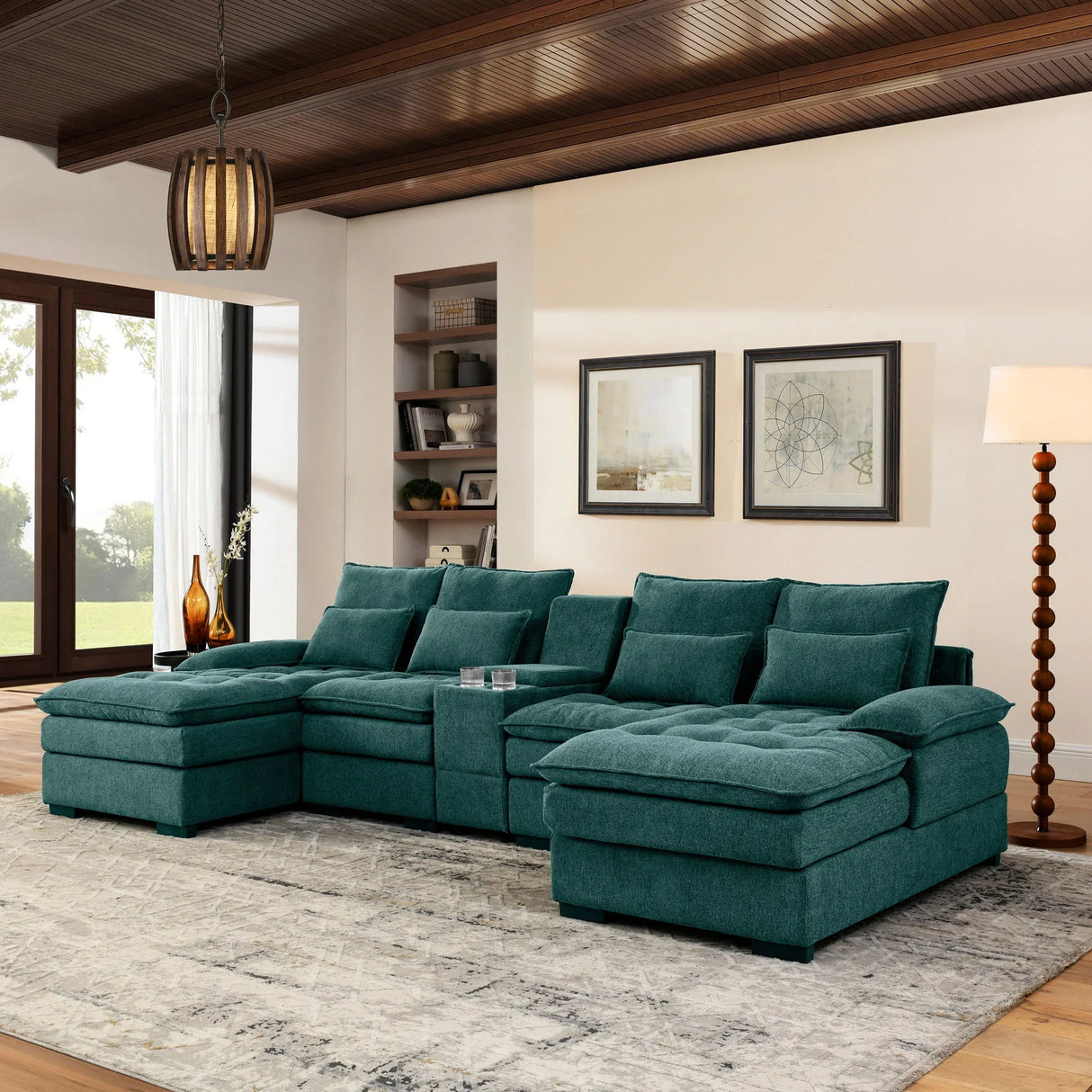 U Shaped Sofa With Console And Cupholders, 6 Seat - Furniture Home Direct