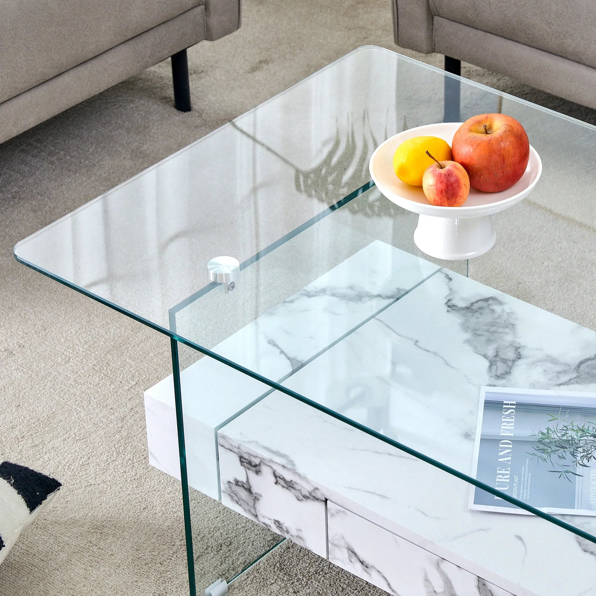 Coffee Table Glass Top Marble Base Modern Style White - Furniture Home Direct