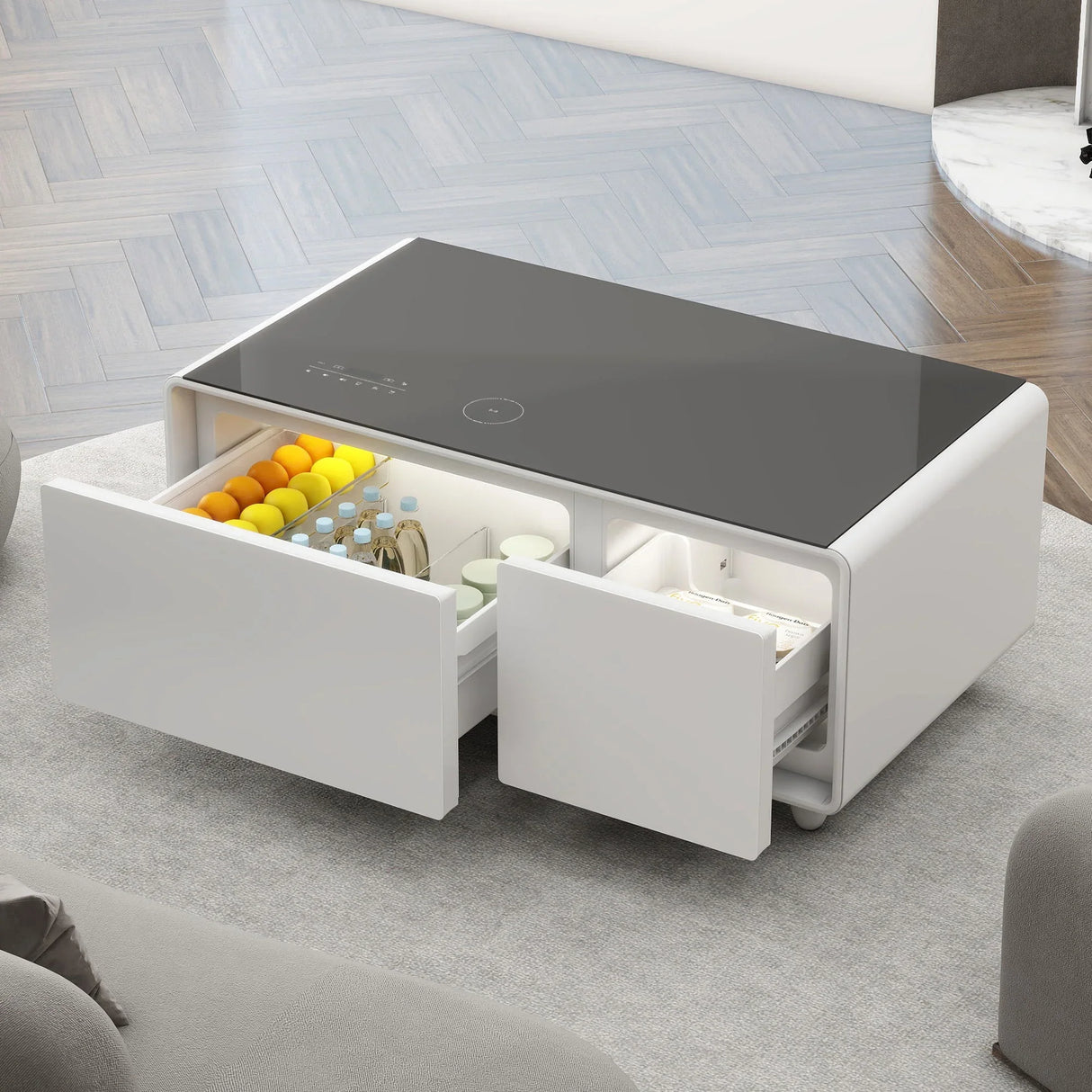 Modern Smart Coffee Table With Built-In Fridge - Bluetooth Speaker, Wireless Charging, Touch Control Panel, USB Interface, Outlet Protection, Atmosphere Light - Furniture Home Direct
