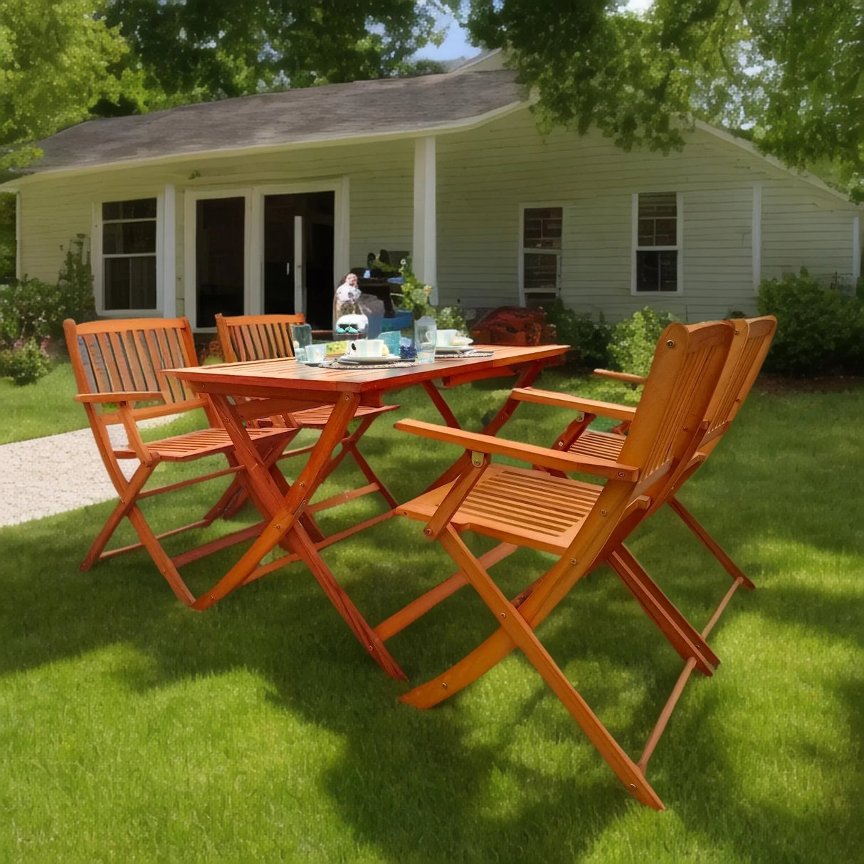 5 Piece Patio Dining Set, 4 Folding Chairs & 1 Dining Table, Indoor And Outdoor Universal - Teak - Furniture Home Direct
