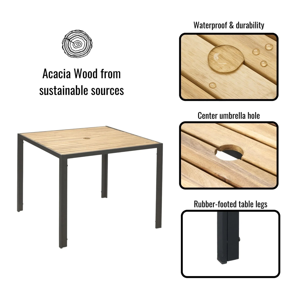 5 Piece Patio Dining Table Set, Acacia Wood Table Top With Umbrella Hole - Furniture Home Direct