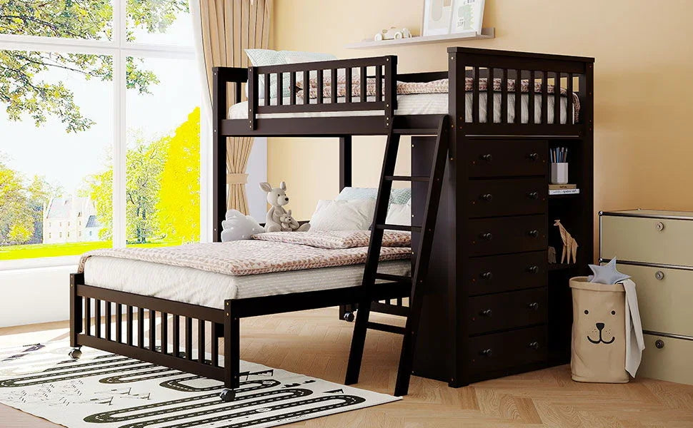 Bunk Bed With 6 Drawers And Flexible Shelves, Bottom Bed With Wheels - Furniture Home Direct