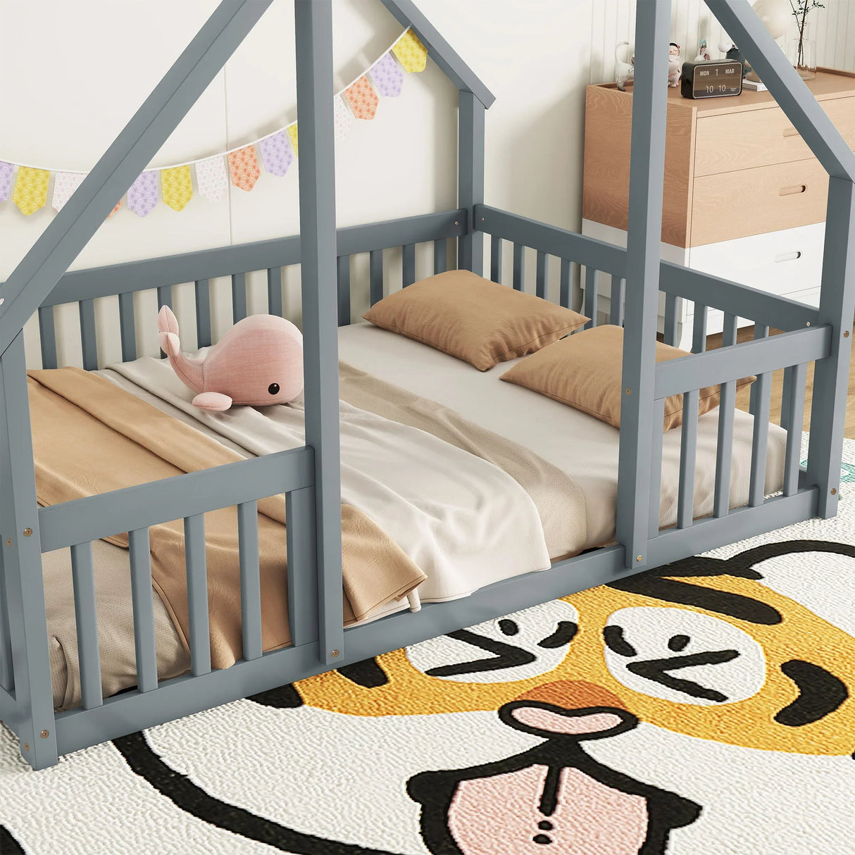 Wood House-Shaped Floor Bed With Fence, Guardrails - Furniture Home Direct