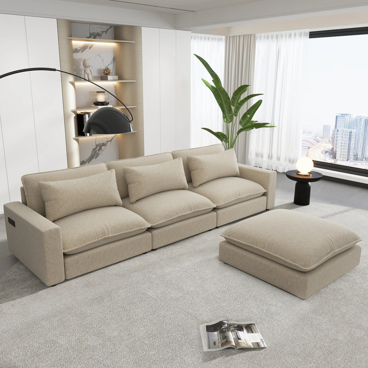 Cloud Sectional with Ottoman, Charging Ports and Three Back Pillows - Beige - Furniture Home Direct