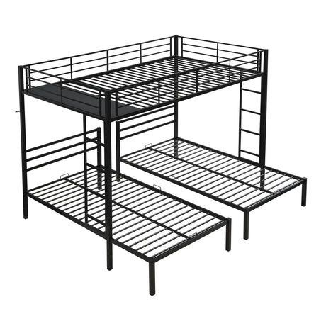 Modern Metal Triple Bunk Bed With Vertical Ladder, Safety Rail, And Storage Shelf - Black - Furniture Home Direct