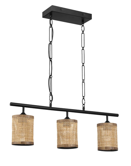 Elysian - 3 Lights Island With Natural Shade Farmhouse Chain Ceiling Lamp - Black / Rattan - Furniture Home Direct
