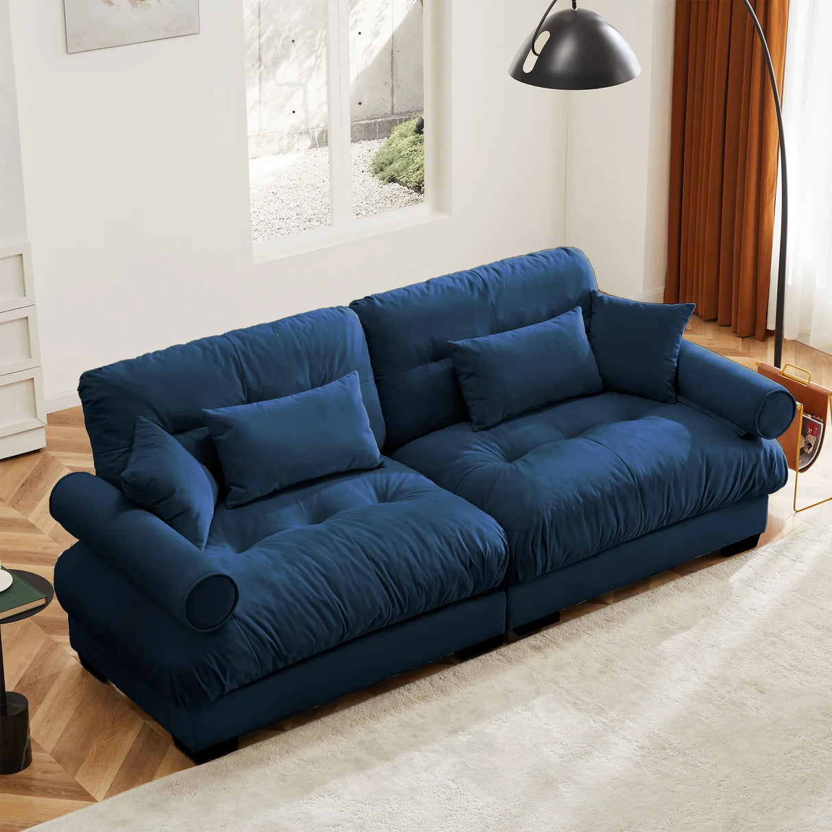 Modern Velvet Sofa With Bolstered Armrests And Pillows - Furniture Home Direct