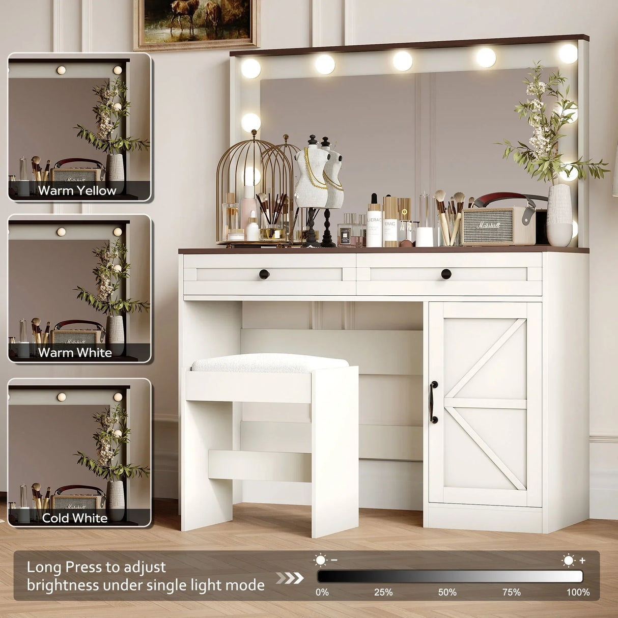 Makeup Vanity Table, Makeup Table With Large Mirror And 11 LED Light, Brightness Adjustable, Dressing Table Desk With 3 Drawers, Vanity Desk For Women (With Stool) - Furniture Home Direct