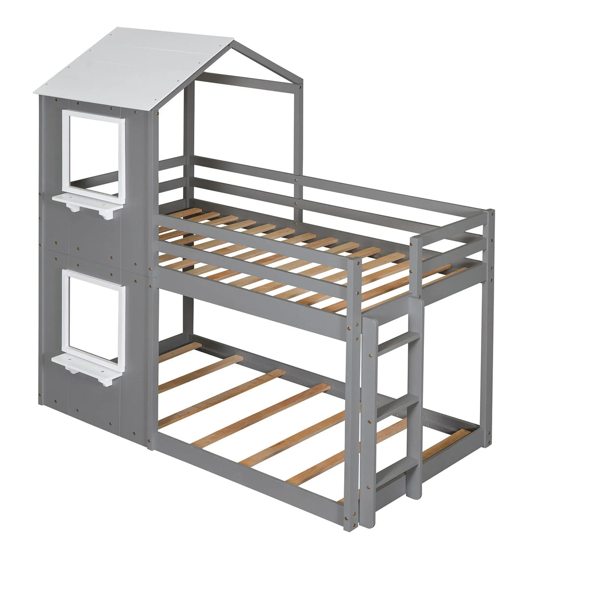 Bunk Bed Wood Bed & Roof, Window, Guardrail, Ladder - Furniture Home Direct