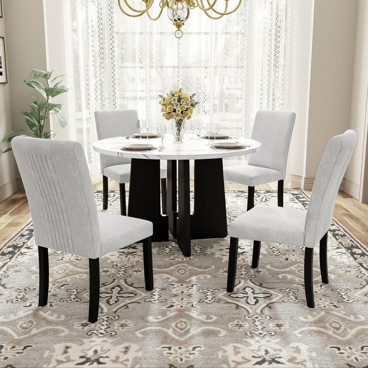 5 Piece Round Dining Table Set, Modern Dining Table And 4 Upholstered Chairs For Dining Room - Furniture Home Direct
