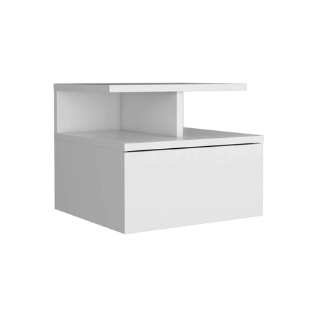 Floating Nightstand Wall Mounted With Single Drawer And 2 Tier Shelf - White - Furniture Home Direct