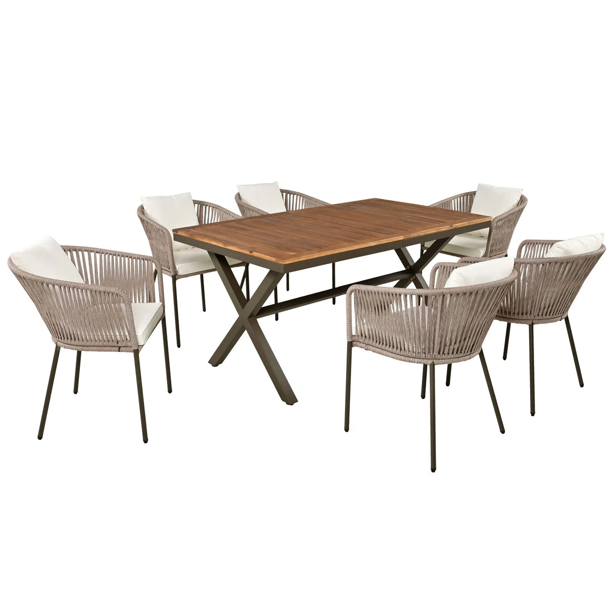 7 Piece All-Weather Patio Dining Set with Acacia Wood Tabletop and Metal Frame - Beige - Furniture Home Direct