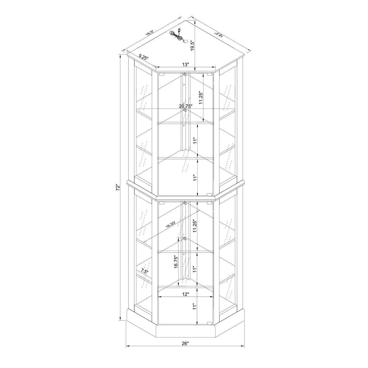 6 Shelf Corner Curio Display Cabinet With Lights, Mirrors And Adjustable Shelves (E26 Light Bulb Not Included) - Furniture Home Direct
