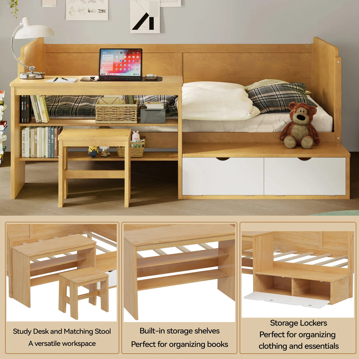 Daybed With Storage Shelves And Lockers, Multi Functional Bed With Study Desk And Matching Stool - Furniture Home Direct
