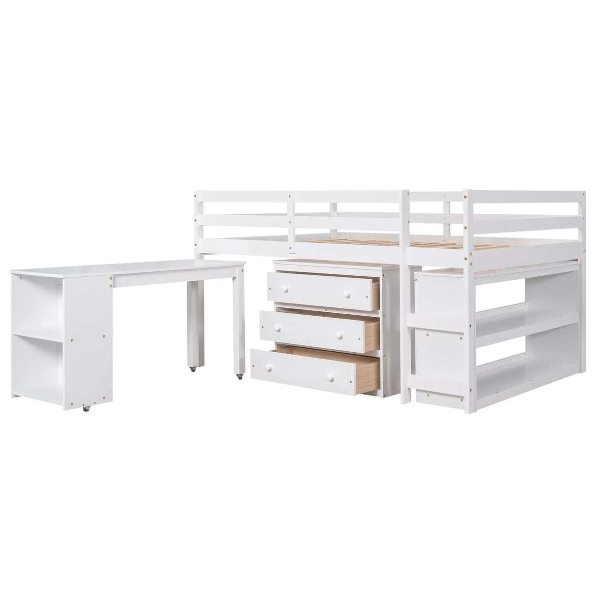 Loft Low Study Bed With Cabinet, Shelves And Rolling Portable Desk, Multiple Functions - Furniture Home Direct