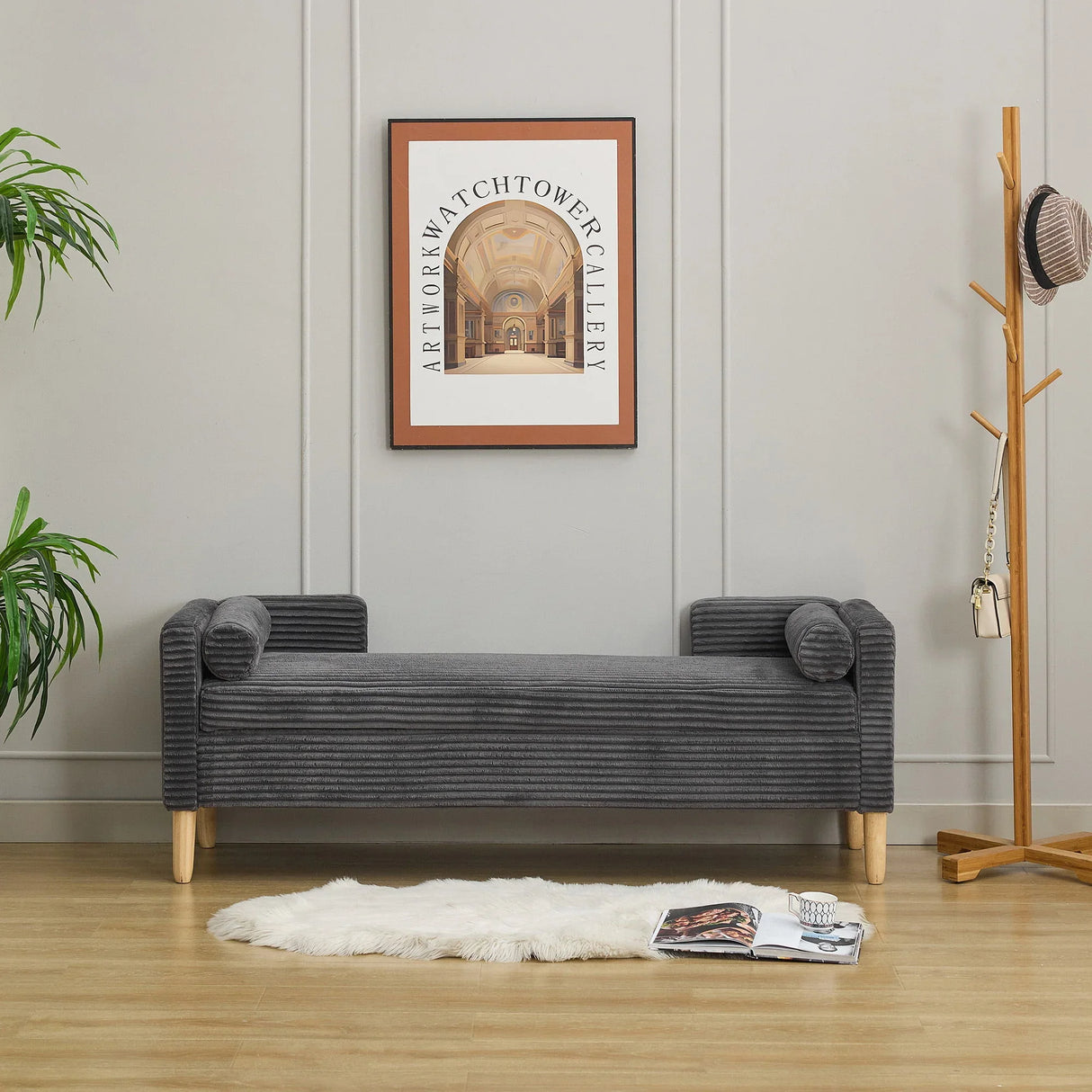 Wide Corduroy Storage Soft Bench With Armrests, Backrest And Two Bolster Pillows - Furniture Home Direct