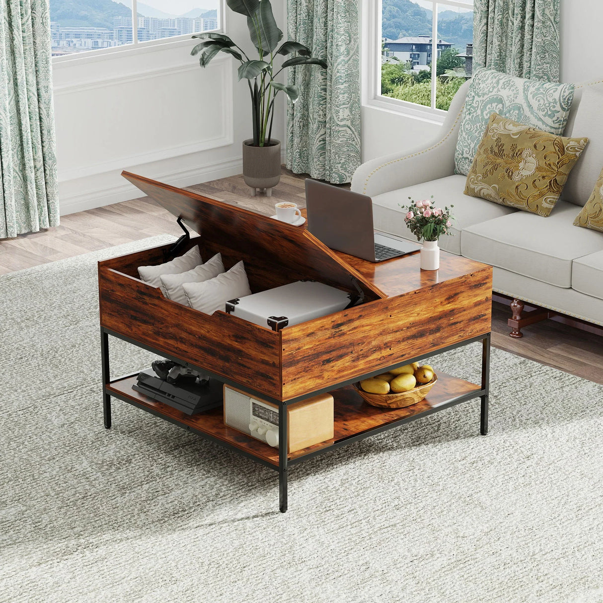 Rustic Flip Top Coffee Table With Hidden Storage - Black / Brown - Furniture Home Direct