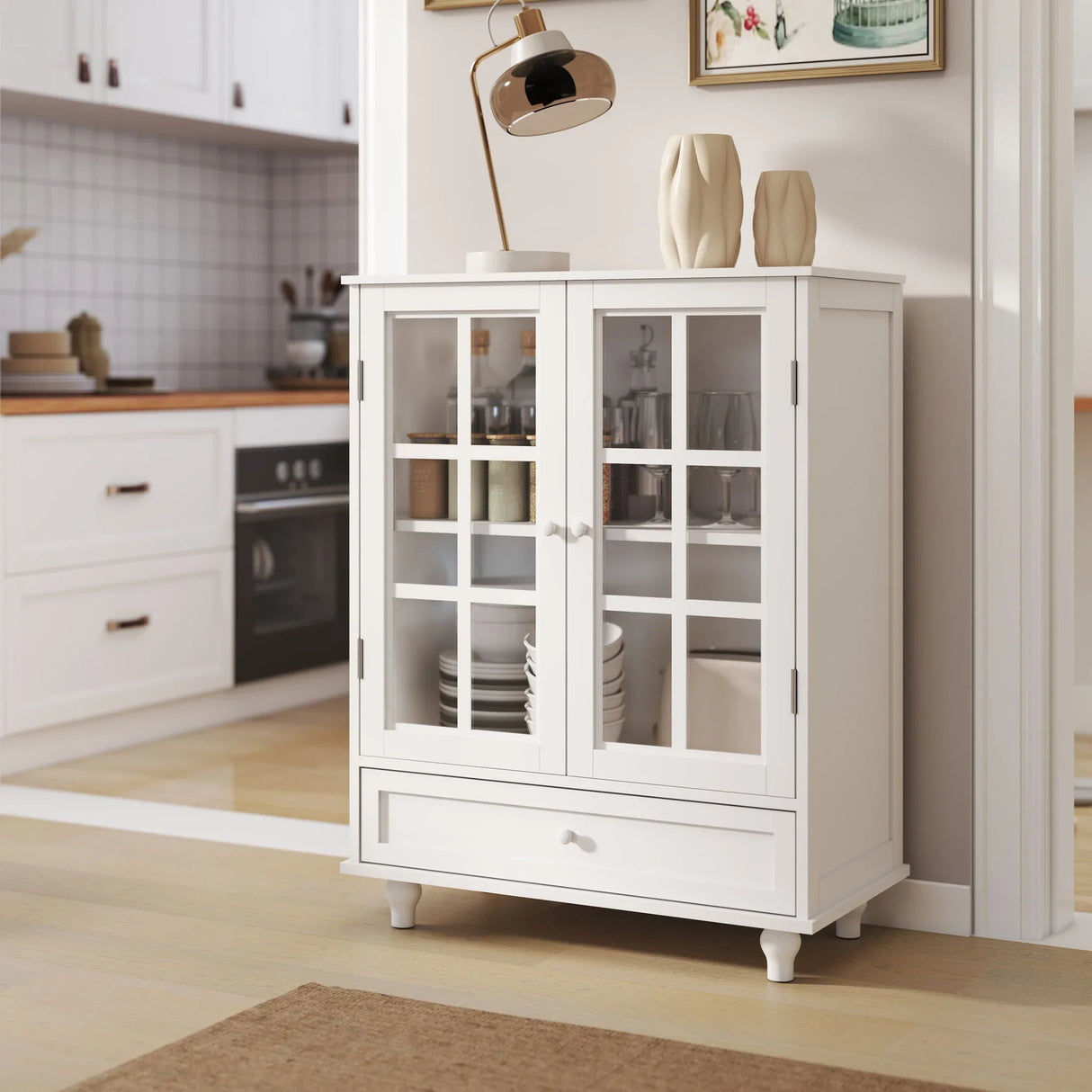 Minimalist Buffet Cabinet With Double Glass Doors And Drawer - Furniture Home Direct