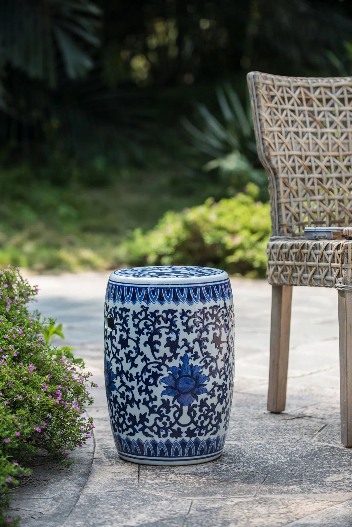 Ceramic Garden Stool, Small Side Tabel - White / Blue - Furniture Home Direct