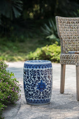 Ceramic Garden Stool, Small Side Tabel - White / Blue - Furniture Home Direct