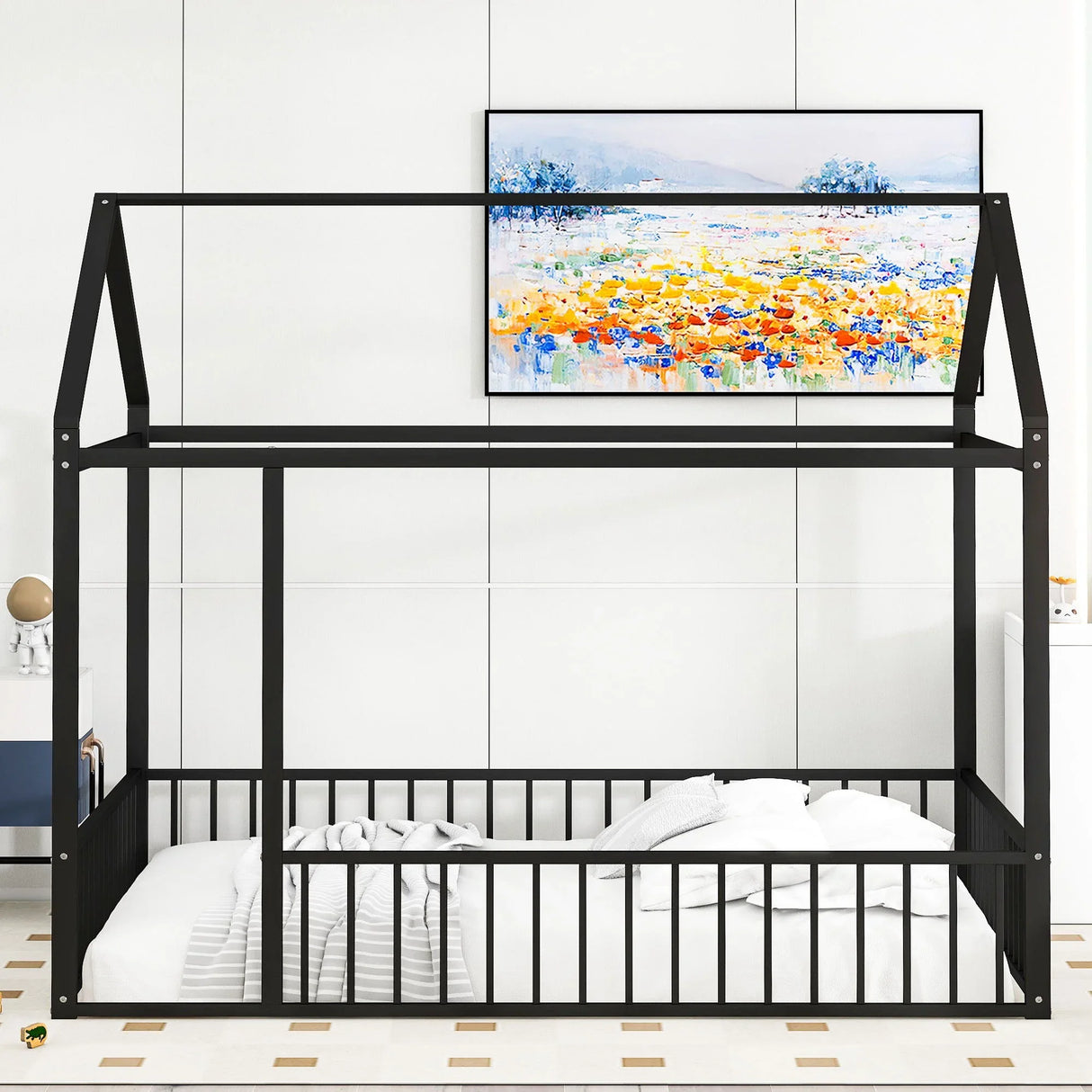 Metal Bed House Bed Frame With Fence - Furniture Home Direct