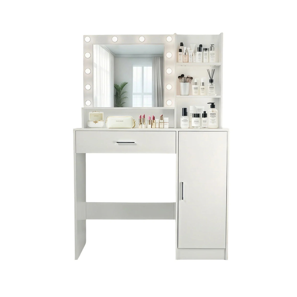 Vanity Desk With Mirror And Adjustable LED Lights, 3 Lighting Modes, Drawer And Storage Cabinet - White - Furniture Home Direct