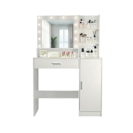 Vanity Desk With Mirror And Adjustable LED Lights, 3 Lighting Modes, Drawer And Storage Cabinet - White - Furniture Home Direct