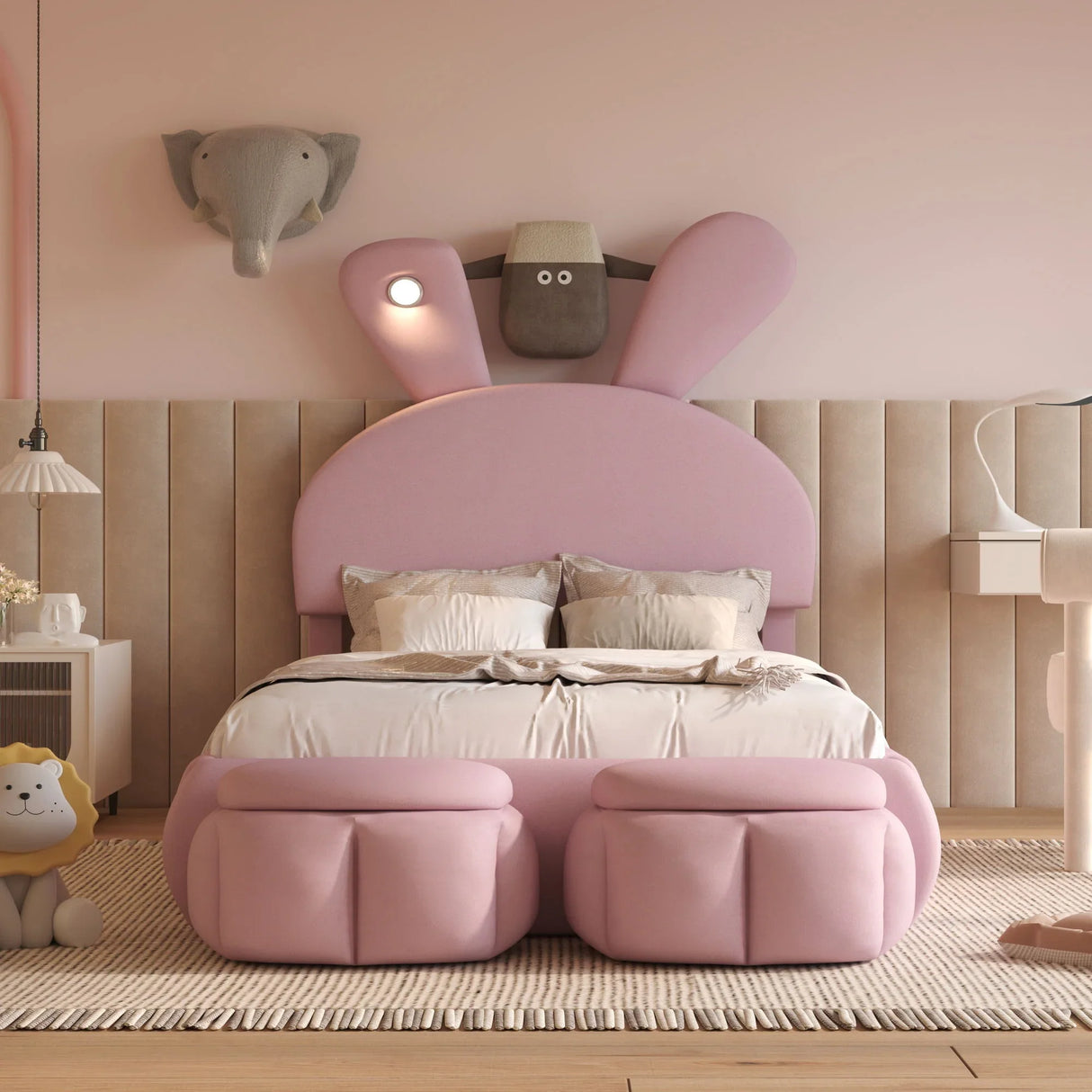 Upholstered Platform Bed With Cartoon Ears Shaped Headboard And LED Light - Furniture Home Direct