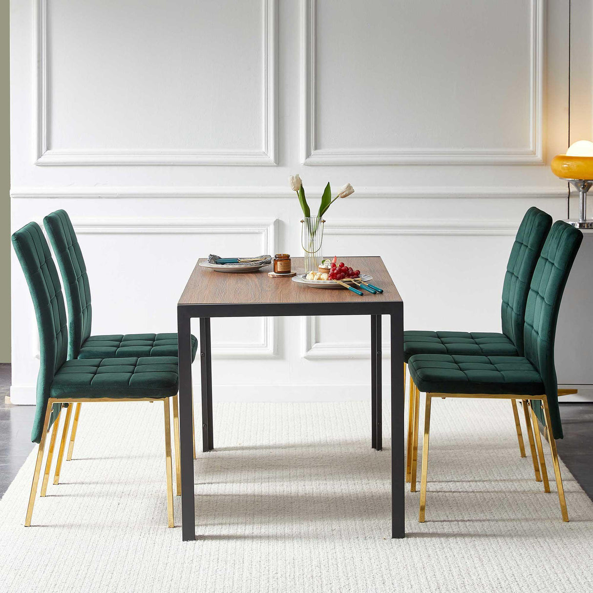 5 Pieces Dining Set Including Velvet High Back Golden Color Legs Nordic Dining Chair & Creative Design Dining Table - Furniture Home Direct