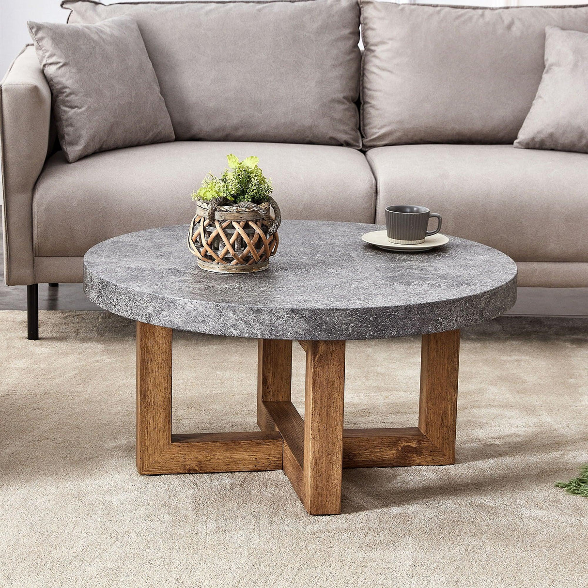 Modern Retro Texture Round Coffee Table With Crossed Legs - Gray - Furniture Home Direct