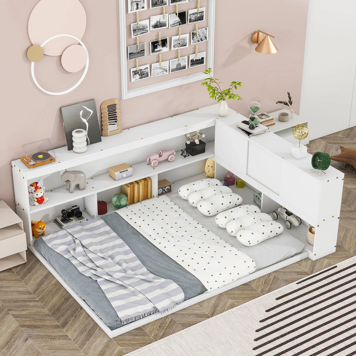 Floor Bed With L-Shaped Bookcases, Sliding Doors, Without Slats - Furniture Home Direct