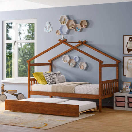 Wooden House Bed With Twin Size Trundle - Furniture Home Direct